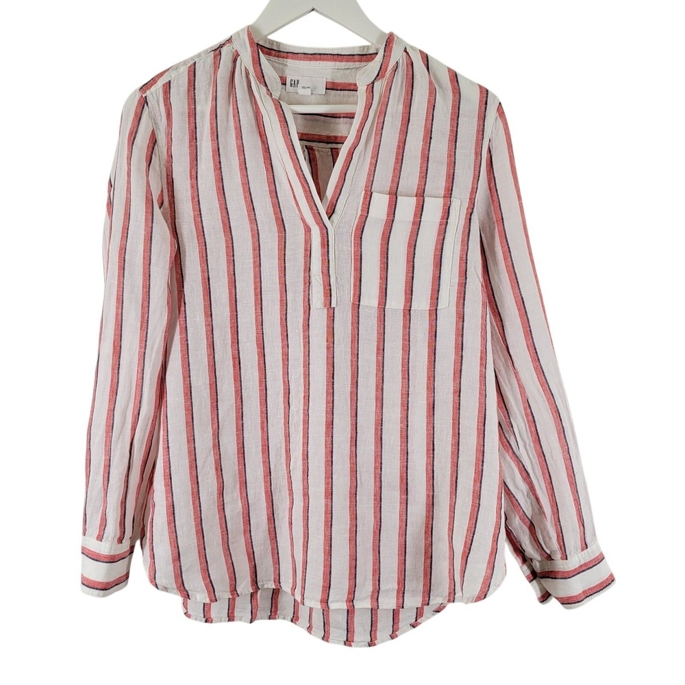 Gap Linen Striped Shirt‎ Womens S White Red Blue Long Sleeve Split Neck Pocket